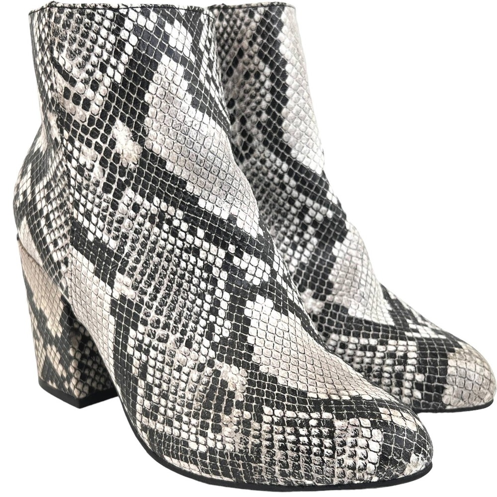 Y2K Vitality Snake Print Ankle Boots Python Booties Block Heel Grey Black 6.5